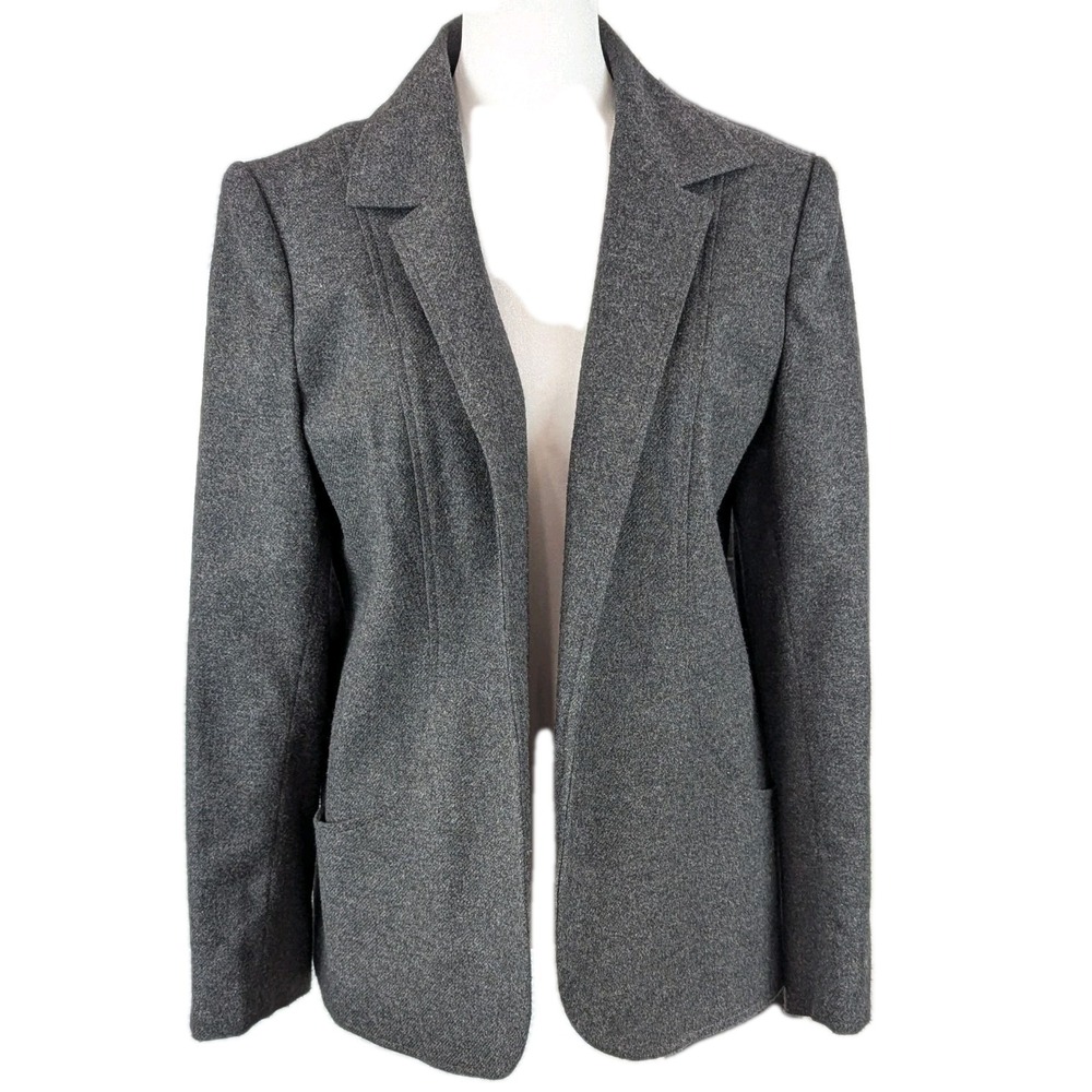 Vtg Country Suburban Wool Blazer Sz 10 Gray Open Front Italian Fabric USA Career